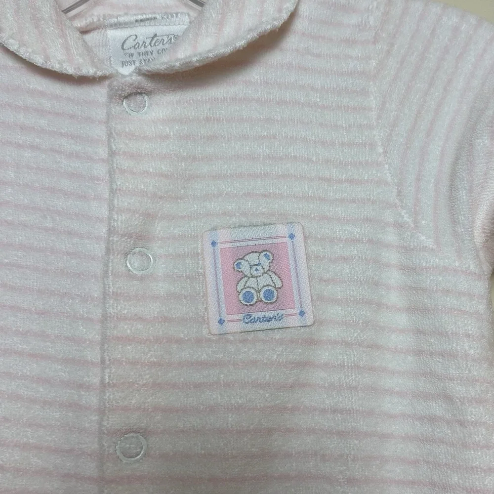 VTG Carter's Bear 90s Pink Striped Terry Sleeper Baby One Piece Size 0-3 Months